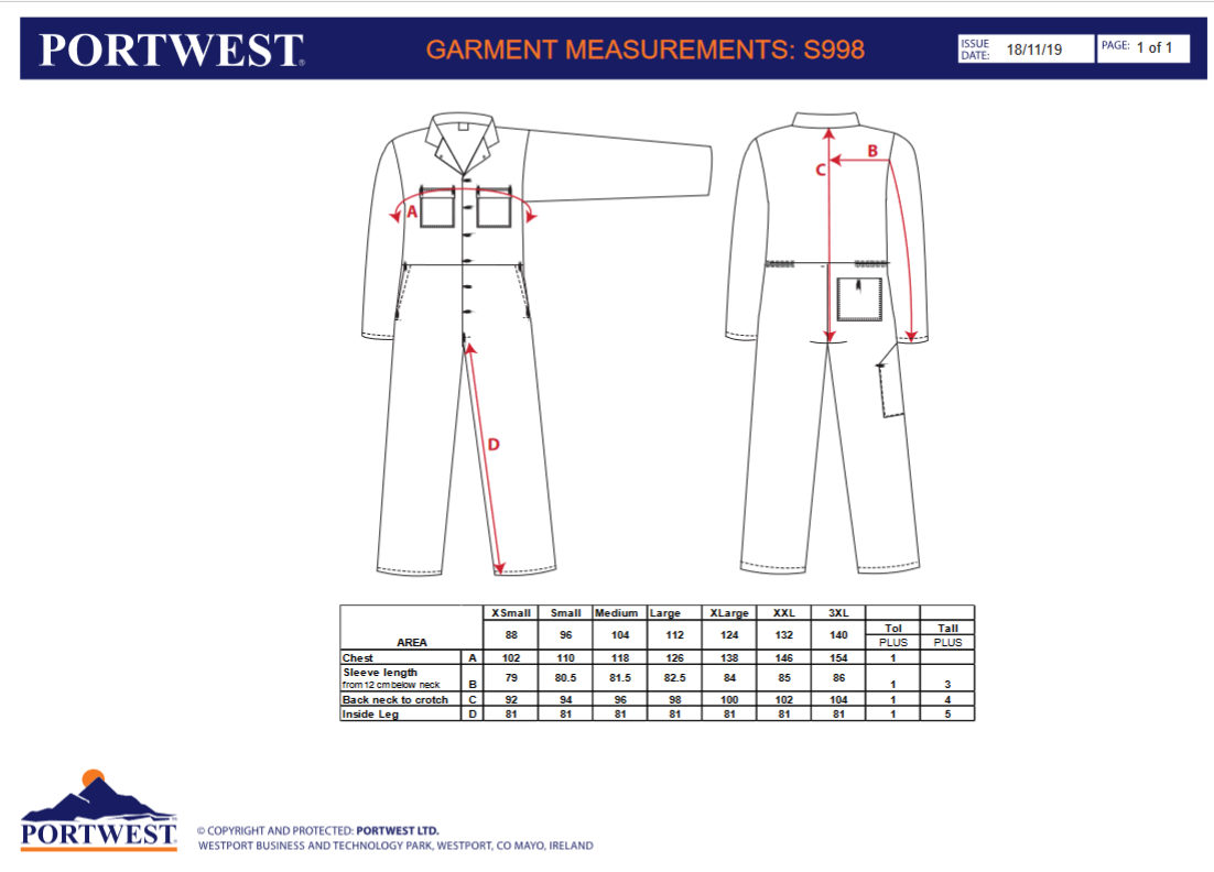 S998 Portwest® 100% Cotton Workwear Coveralls - size guide